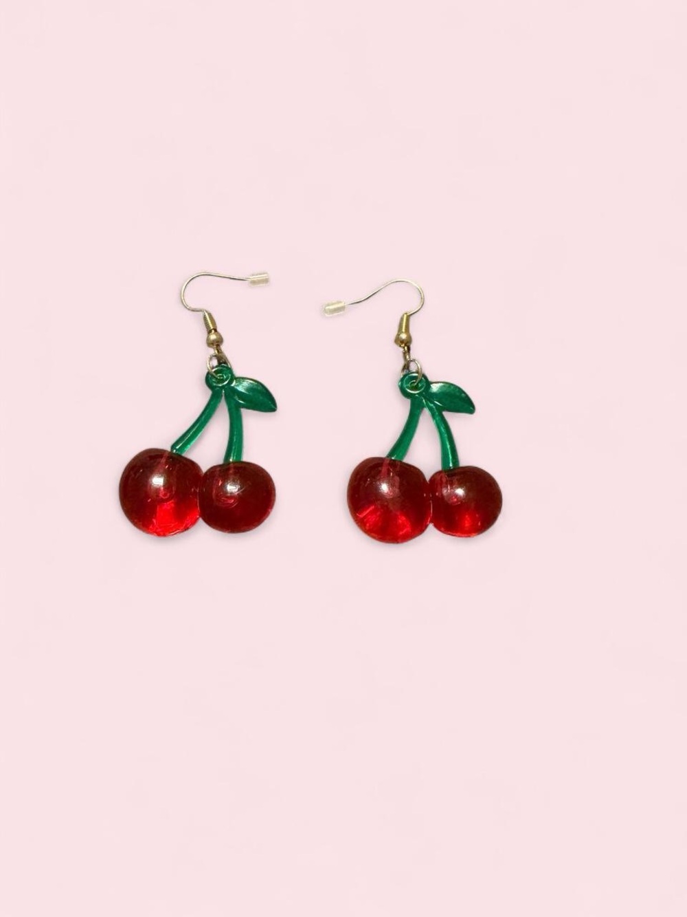 Red Cherry Drop Earrings with Green Stems